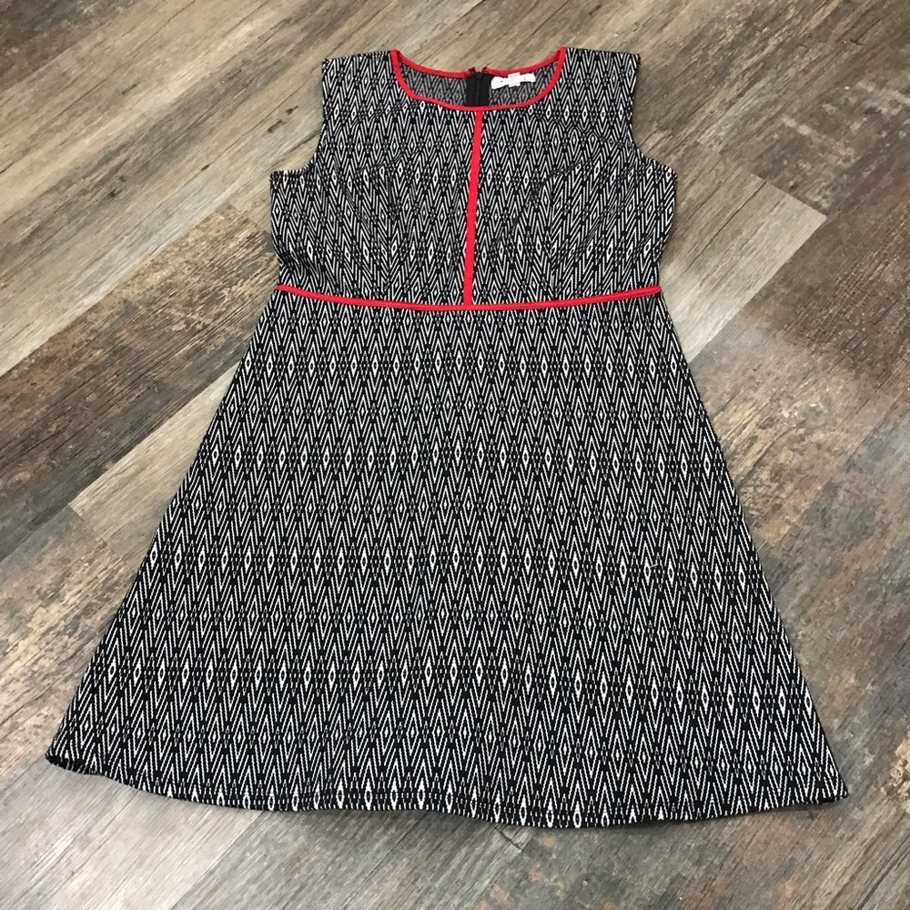 THML DRESS, Black white diamond print red trim.
